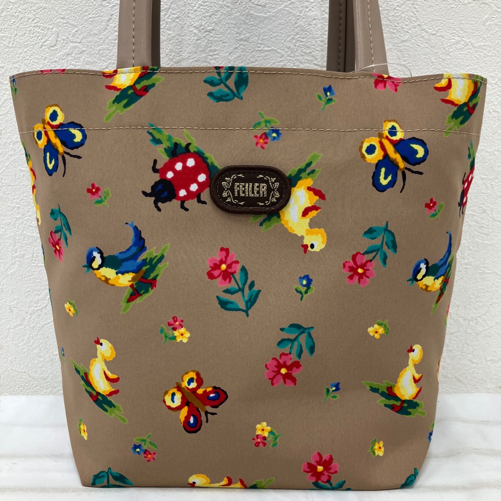 4883【良品】 FEILER　フェイラー　トートバッグ　ハイジ　 蝶々　てんとう虫　小鳥　花　ベージュ系　 ファイユ　ロゴ　レザーハンドル　レディース