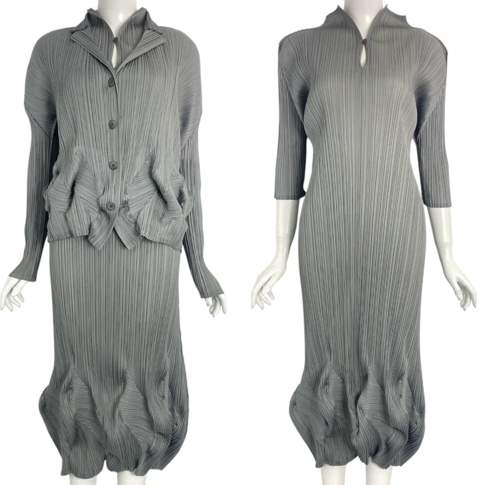 極美品 ISSEY MIYAKE イッセイミヤケ PLEATS PLEASE プリーツプリーズ セットアップ カーディガン ワンピース 立体デザイン グレー サイズ3