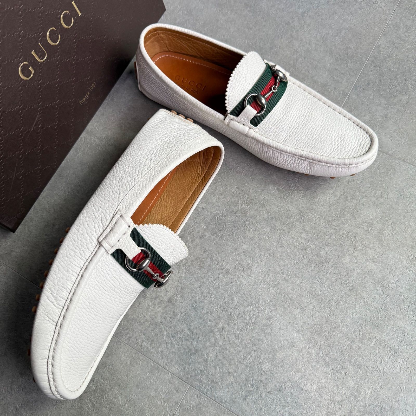 GUCCI グッチ ホースビットローファー シェリーライン ドライビングシューズ レザー ホワイト シルバー金具 9 1/2 メンズシューズ 28.5cm