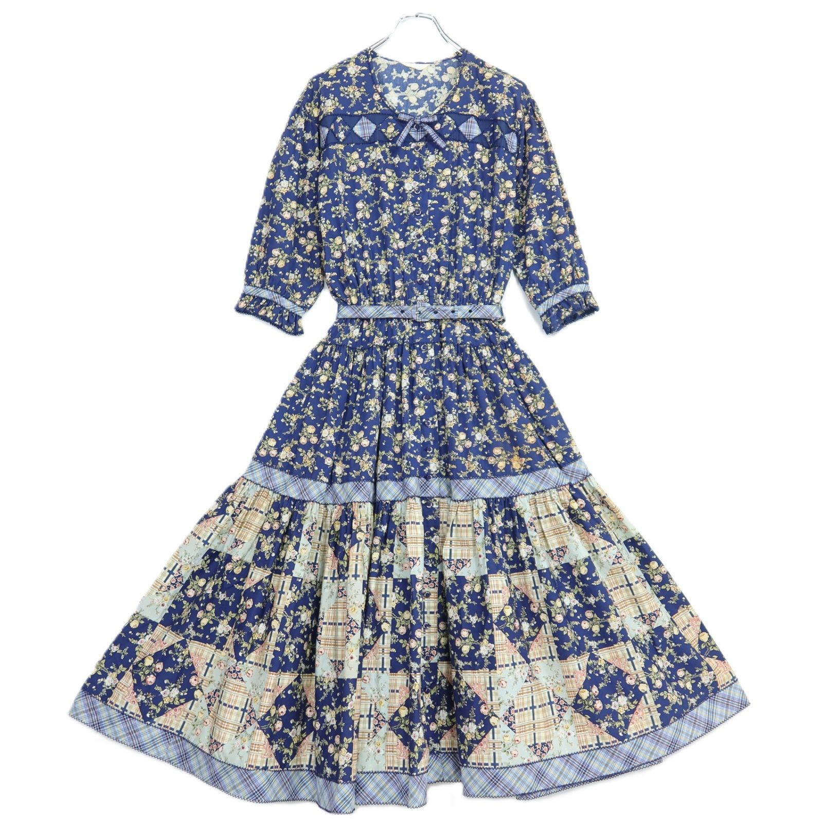 【美品】ピンクハウス★オリチェptパッチワーク♪花柄ワンピース ネイビー系 前開き 薄手 z20994