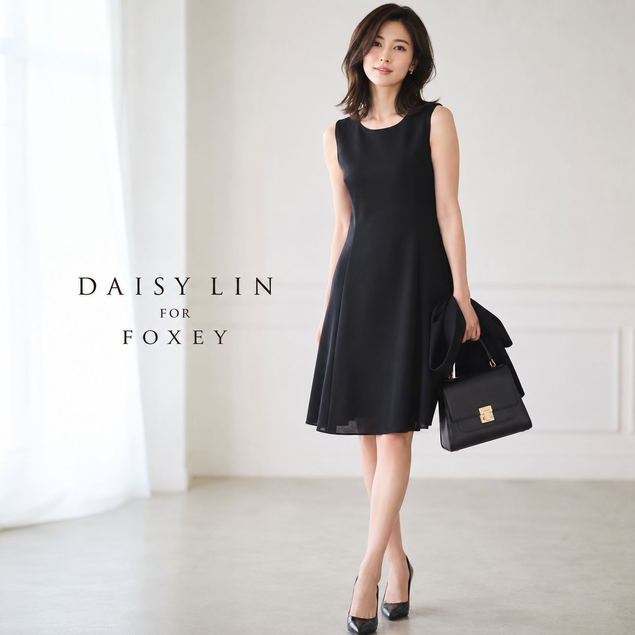 【新品同様】【参考価格120,000円】DASYLIN FOR FOXEY / デイジーリン フォクシー ワンピース ドレス マディソンカフェ 38 ブラック 上品な ウールBLEND ロゴプレート付 フォーマル お食事 お仕事 コーデ