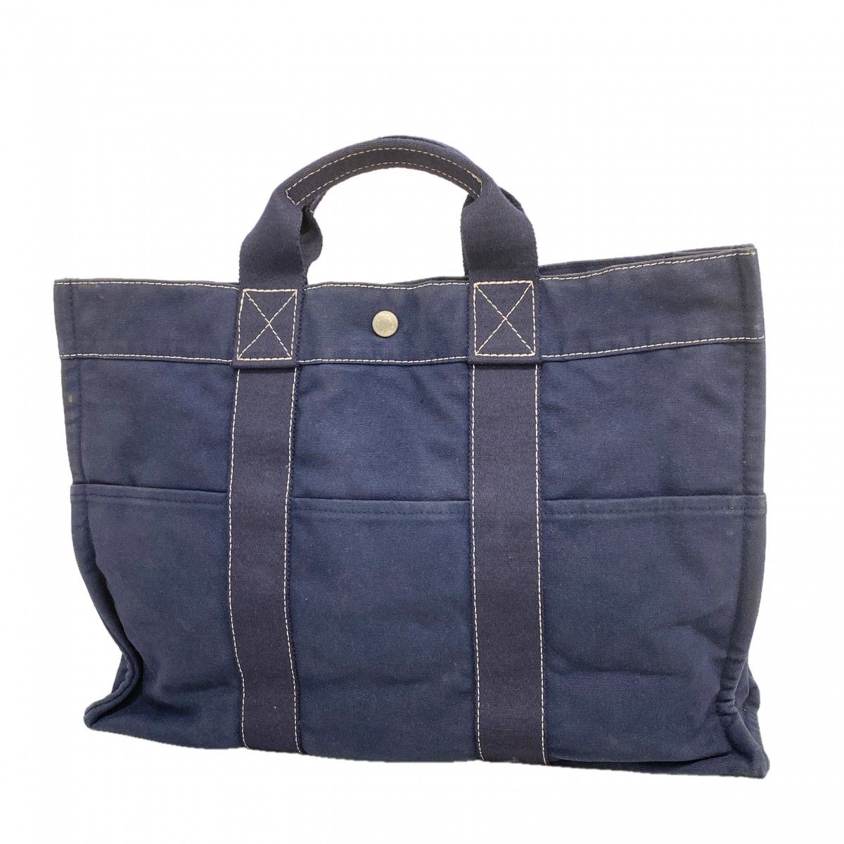 【6fa1231】エルメス トートバッグ ドーヴィルMM キャンバス ネイビー シルバー金具【中古】メンズ レディース ユニセックス