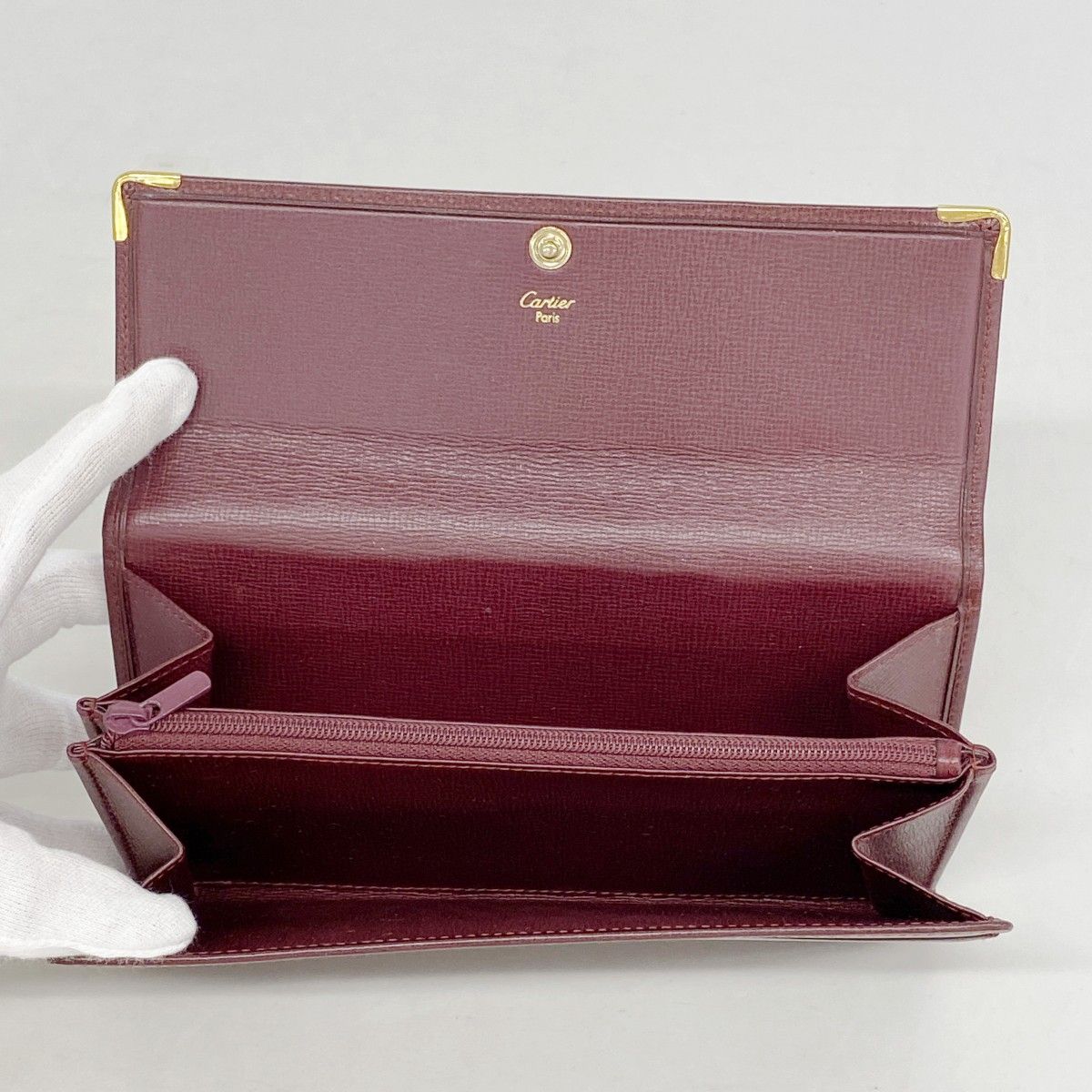 カルティエ Cartier 財布 長財布 レザー ボルドー×ゴールド がま口
