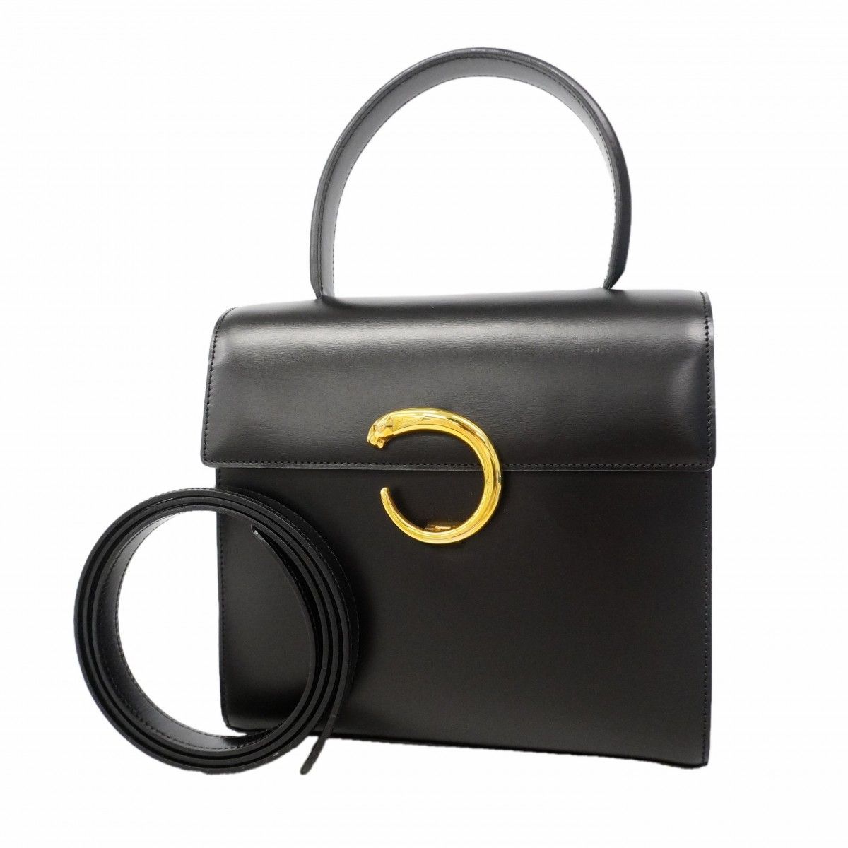 【6fa1843】カルティエ ハンドバッグ パンテール レザー ブラック ゴールド金具 2wayバッグ【中古】レディース