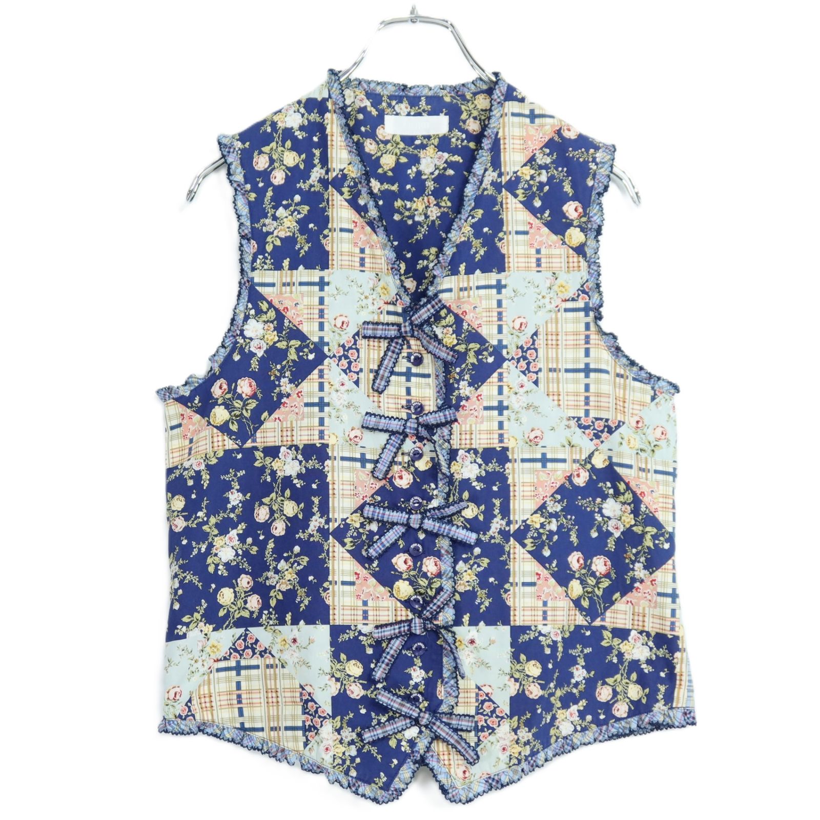 【美品】ピンクハウス★オリチェ&花柄ベスト ネイビー系 前開き リボンも♪薄手 z20995