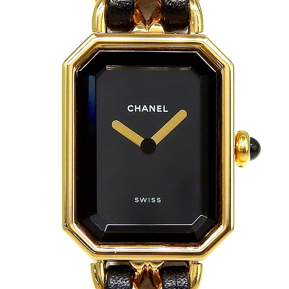 【本物保証】 新品同様 シャネル CHANEL プルミエール Lサイズ H0001 黒文字盤 GP/レザー クォーツ 縦約26mm×横約20mm レディース 腕時計