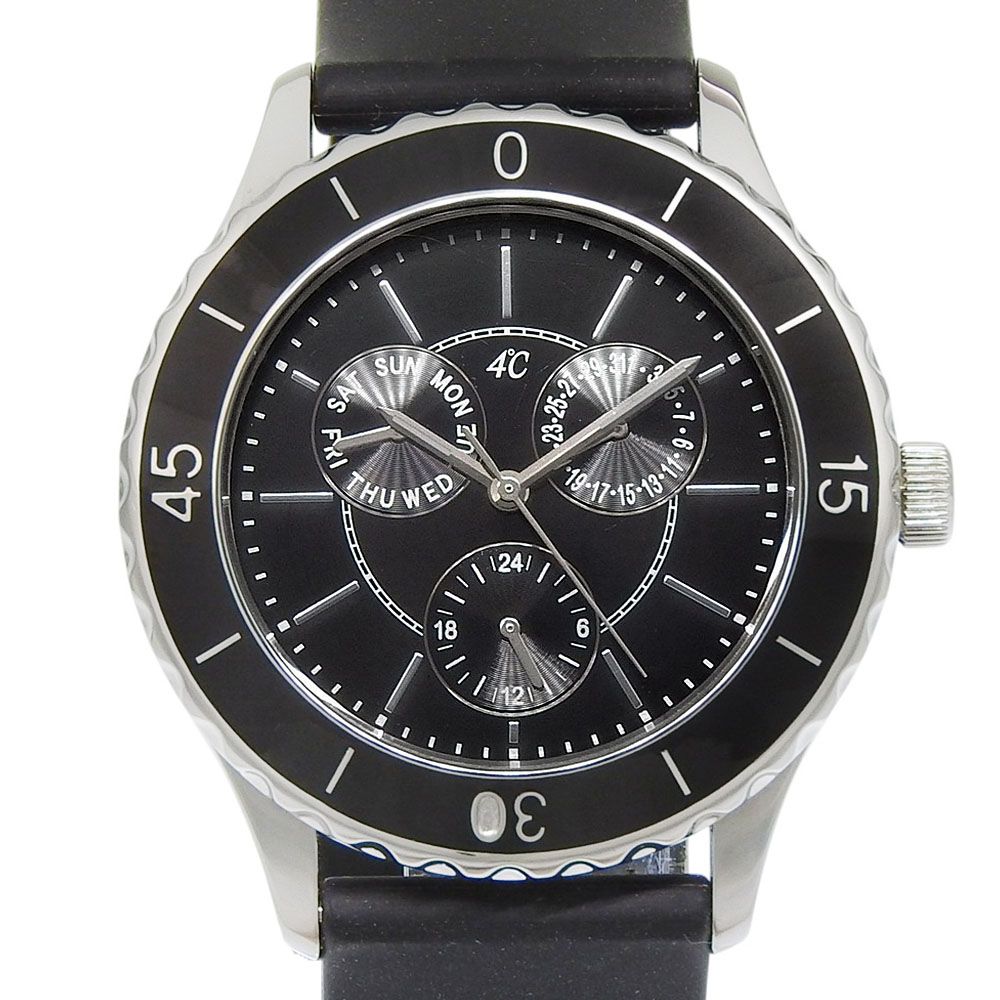 【本物保証】 超美品 ヨンドシー 4℃ デイデイト 黒文字盤 SS ラバー/クォーツ 電池 約40mm メンズ 腕時計