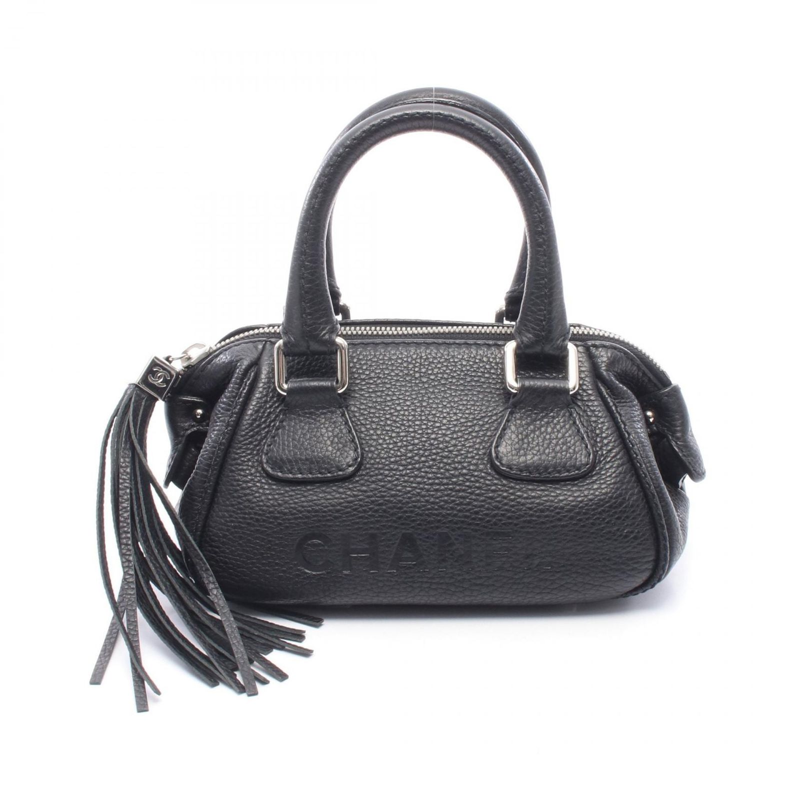 シャネル CHANEL ハンドバッグ ロゴ ブラック レザー ロゴ フリンジ ミニ ハンドバッグ レディース Used A