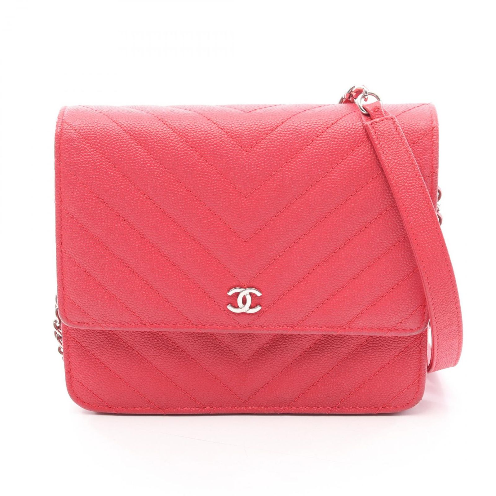 シャネル CHANEL ショルダーバッグ シェブロン Vステッチ チェーンウォレット レッド カーフ（牛革） シェブロン Vステッチ チェーンウォレット レディース
