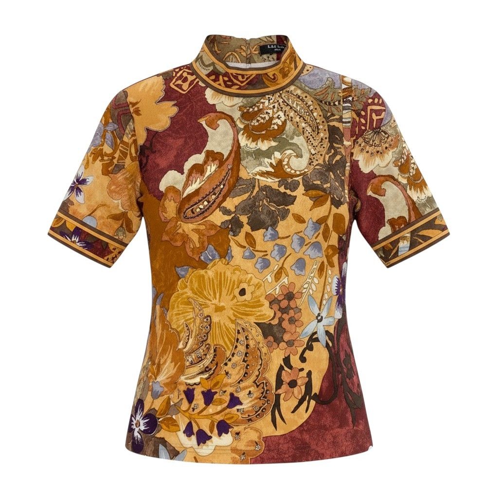 32f11 LEONARD FASHION レオナール モックネック ショートスリーブ カットソー カンカン素材 美しい花柄プリント サイズL マルチカラー レディース 女性服u02t