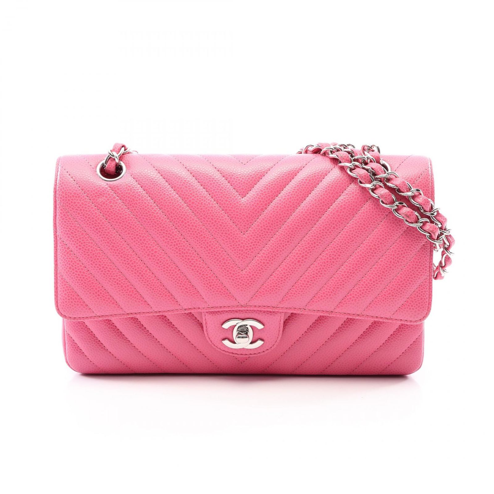 シャネル CHANEL ショルダーバッグ シェブロン Vステッチ Wフラップ ピンク カーフ（牛革） シェブロン Vステッチ チェーンショルダー レディース Used B