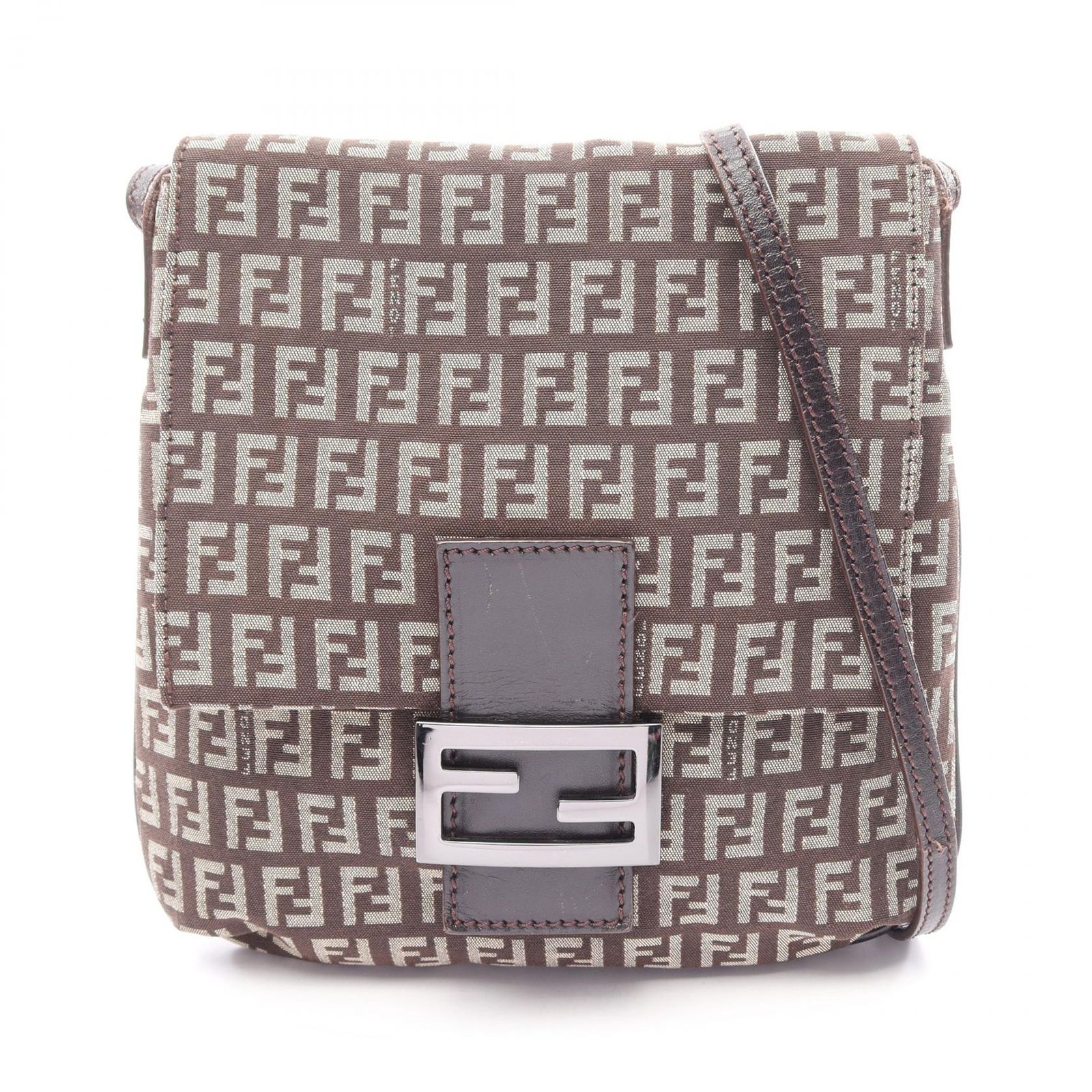 フェンディ FENDI ショルダーバッグ ズッキーノ ダークブラウン キャンバス レザー ズッキーノ ショルダーバッグ レディース Used B