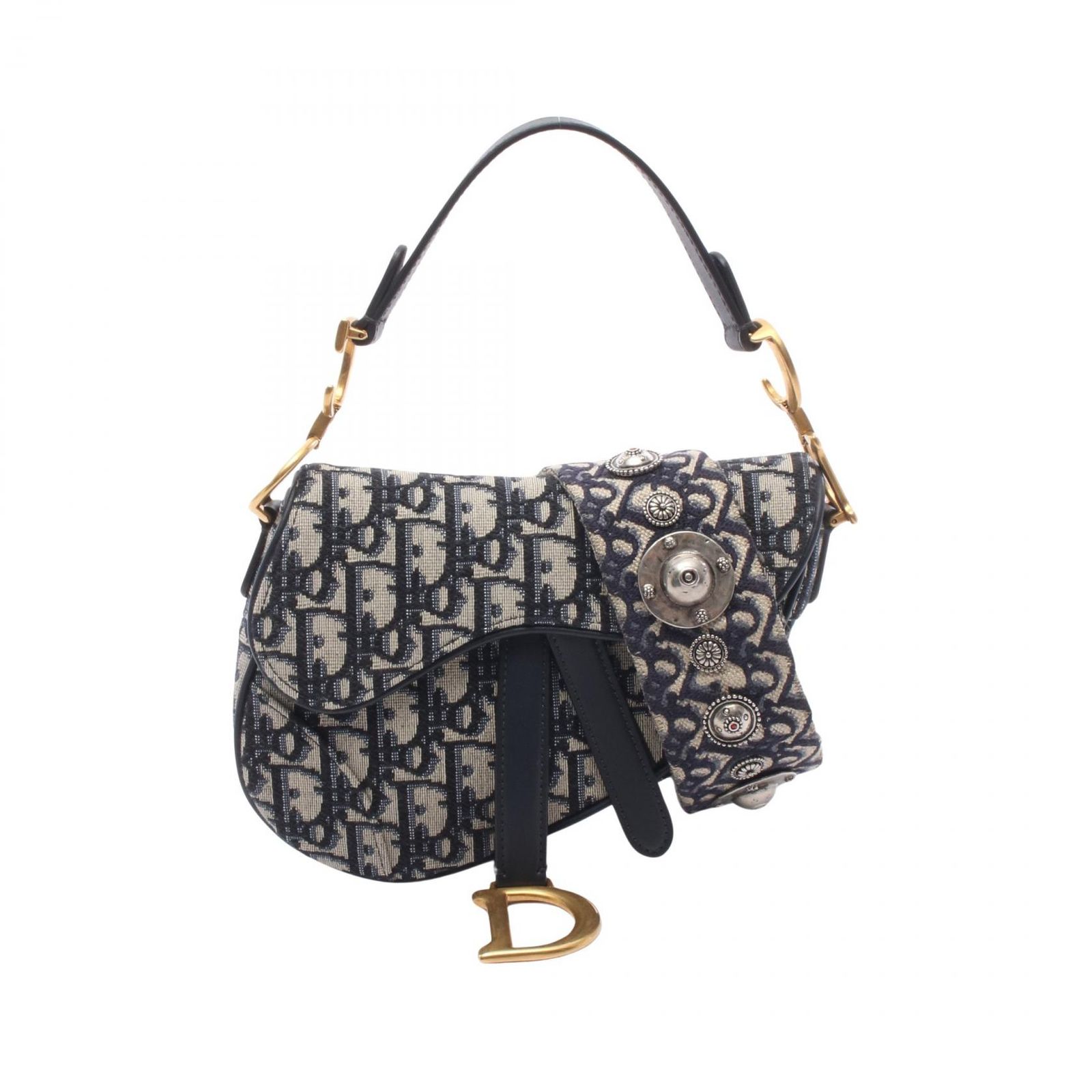 ディオール Dior ハンドバッグ サドルバッグ ミニ オブリーク 2WAY ネイビー キャンバス レザー オブリーク サドルバッグ ミニ レディース Used A