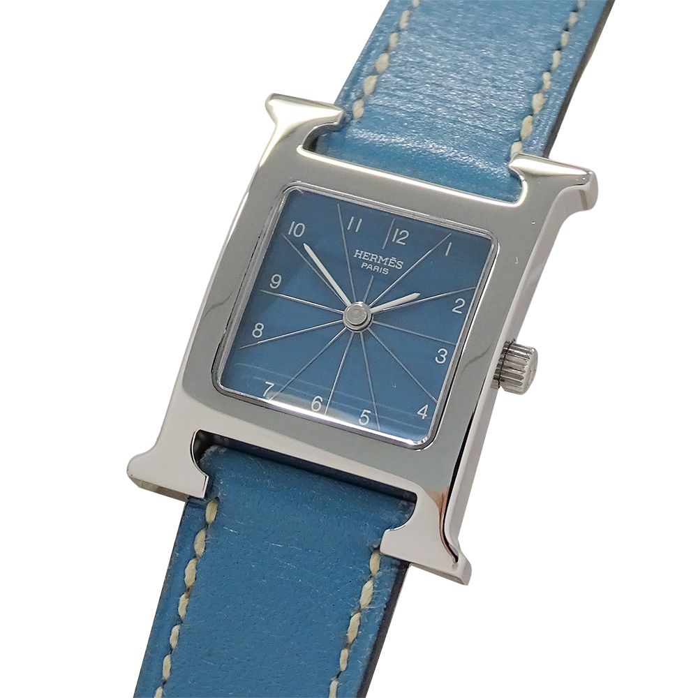 エルメス HERMES 時計 レディース ブランド Hウォッチ クオーツ QZ ステンレス SS レザー HH1.210 シルバー ブルー □G 磨き済み 【中古】