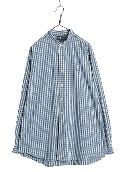 90s ラルフローレン チェック バンドカラー 長袖 シャツ メンズ XL / オールド ポロ オックスフォード コットン ノーカラー 大きいサイズ
