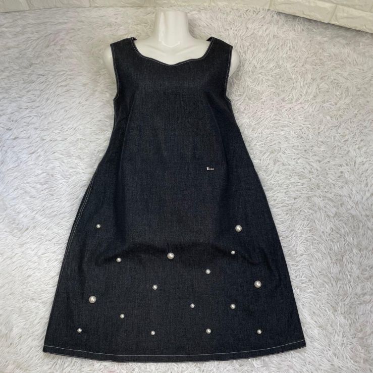 ♡Rene ルネ ♡ デニム ノースリーブワンピース 38 ストレッチ Aライン Rene/ルネ、ノースリーブデニムワンピース、パール付き、Aライン