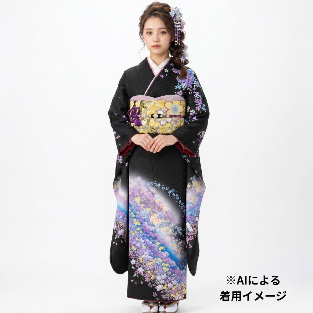 リユース】振袖 袋帯 セット 正絹 手描き ぼかし染め 金彩 銀通し 黒地