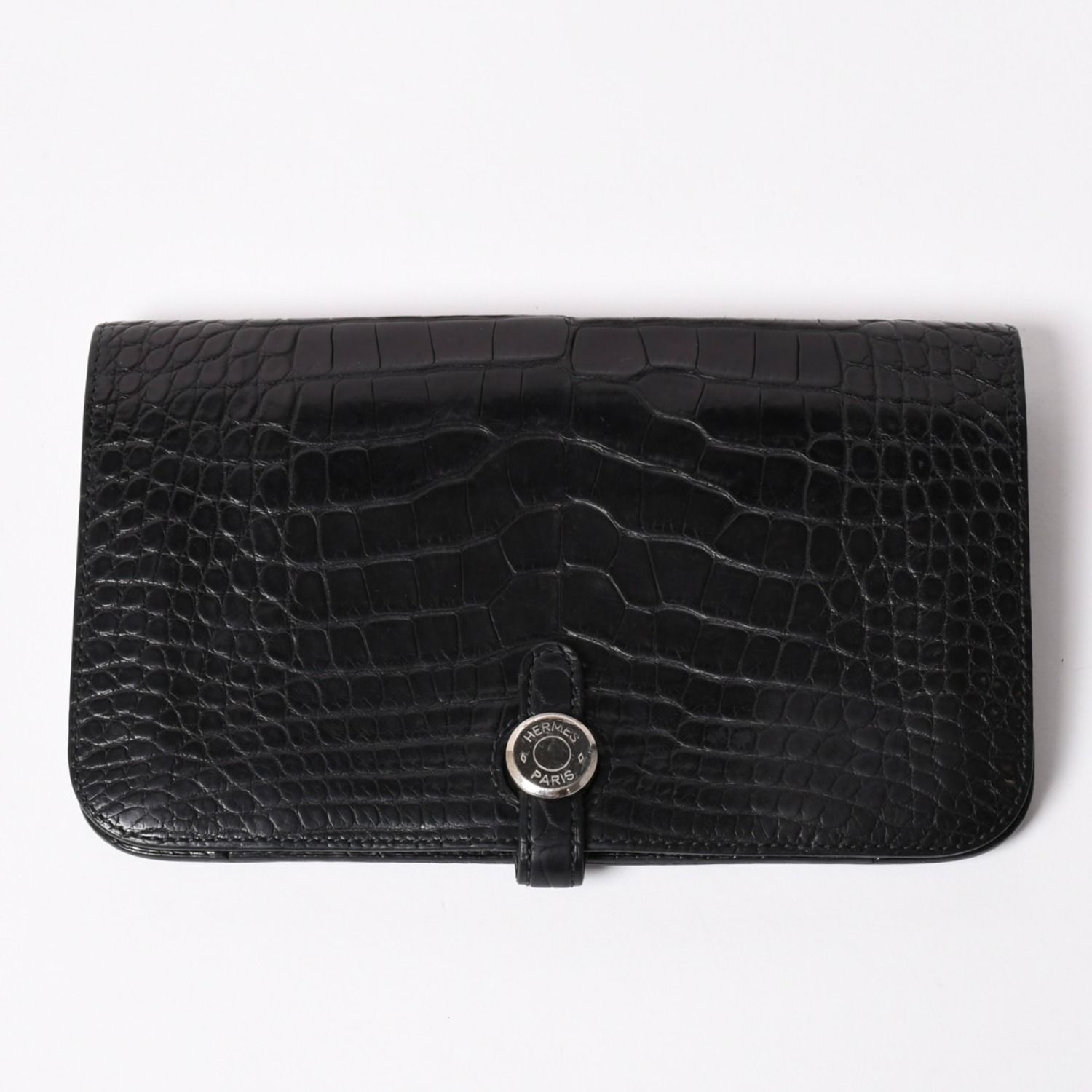 HERMES エルメス ドゴンGM 2つ折り長財布 ロングウォレット C刻印 アリゲーターマット ブラック 美品 中古 4b003402