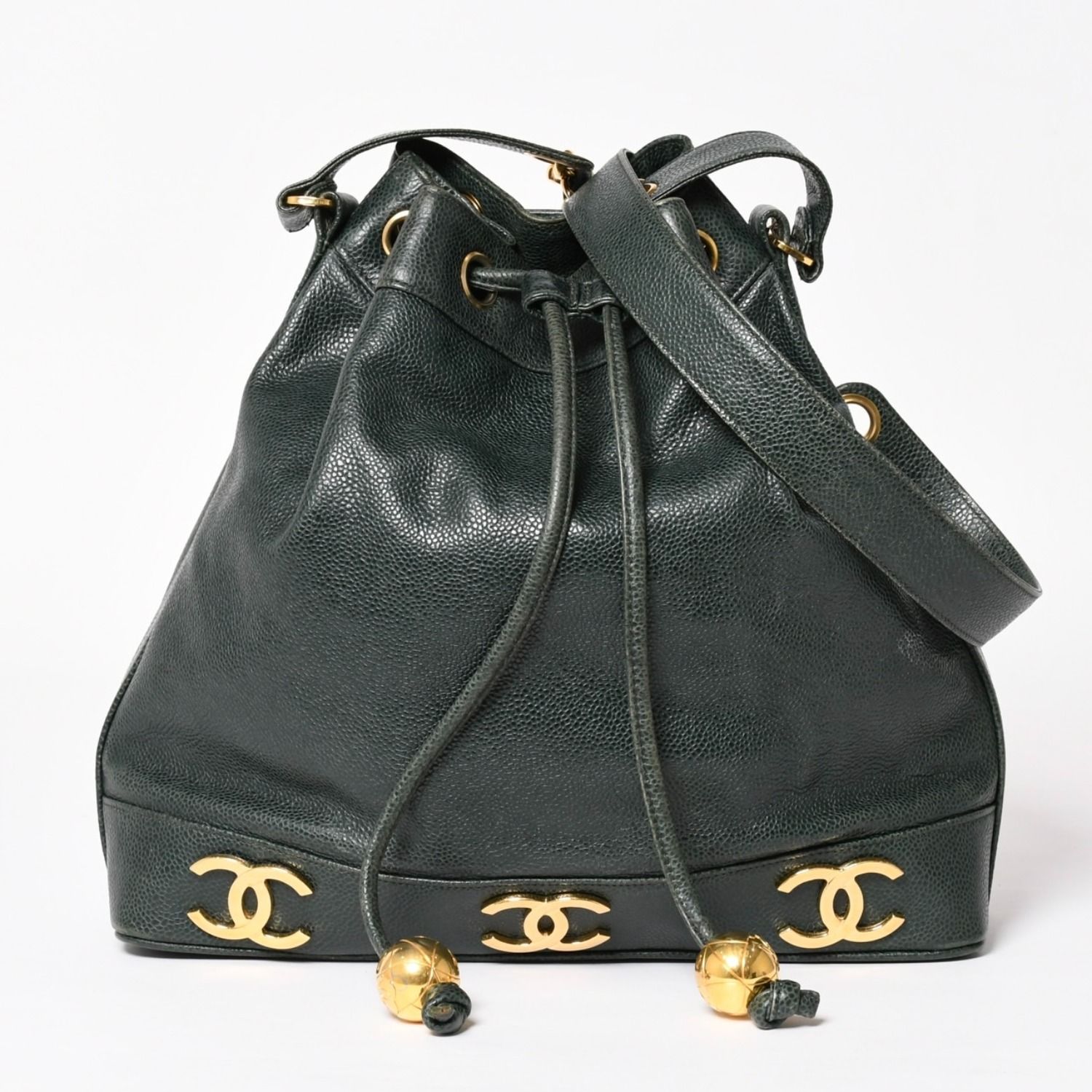 CHANEL シャネル トリプルココ キャビアスキン 巾着型ショルダーバッグ バケットバッグ ダークグリーン ココマーク ゴールド金具 美品 中古 4a003715