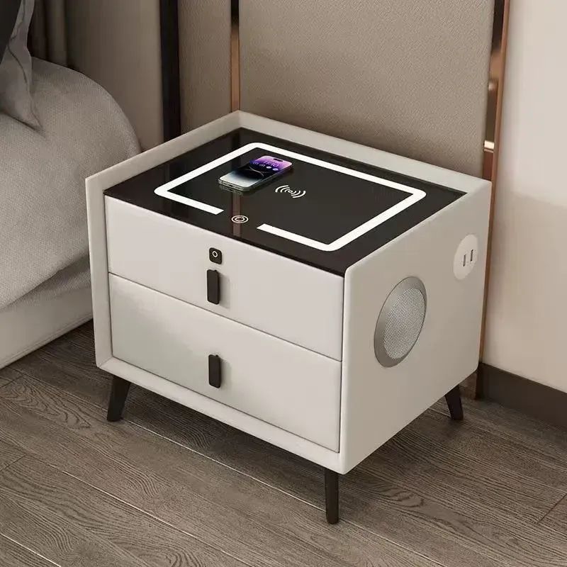 【新品未使用】SOISupero 多機能 組み立て式　2段 ホワイト サイドテーブル スマホワイヤレス充電 15W Bluetooth5.0 スピーカー内蔵 3色LEDライト 強化ガラス USBポート ベッドサイドチェスト モダン おしゃれ寝室