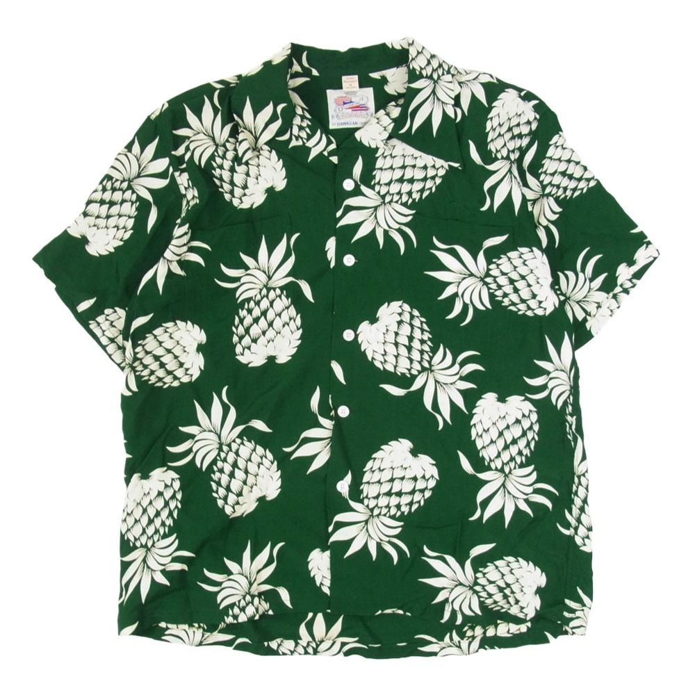 カハナモク KAHANAMOKU DK36201 パイナップル レーヨン 半袖 アロハ シャツ グリーン系 M【極上美品】【中古】