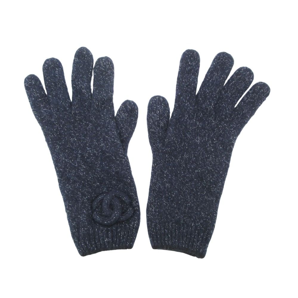 美品 CHANEL シャネル 手袋 カシミヤシルク ツイード ココマークロゴ ニットグローブ ネイビー レディース 【中古】