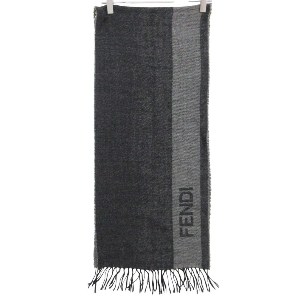 FENDI フェンディ マフラー ロゴ ライン バイカラー ウール ニット フリンジ ストール イタリア製 ブラック レディース 【中古】