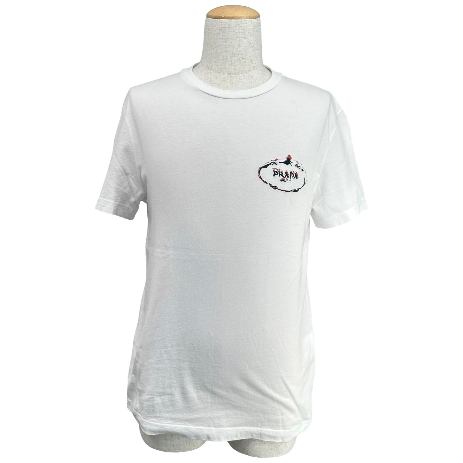 プラダ PRADA ワンポイントロゴ刺繡半袖Tシャツ UJN556 ホワイト コットン メンズ 半袖Ｔシャツ