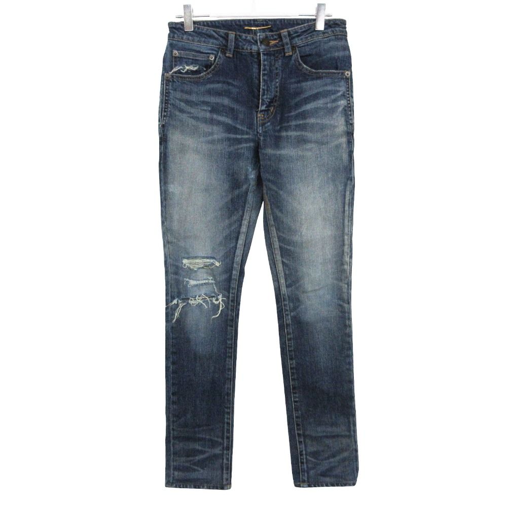 SAINT LAURENT PARIS サンローランパリ デニムパンツ スキニー クラッシュ ダメージ スリム 色落ち ブルー 26【M】 レディース 【中古】