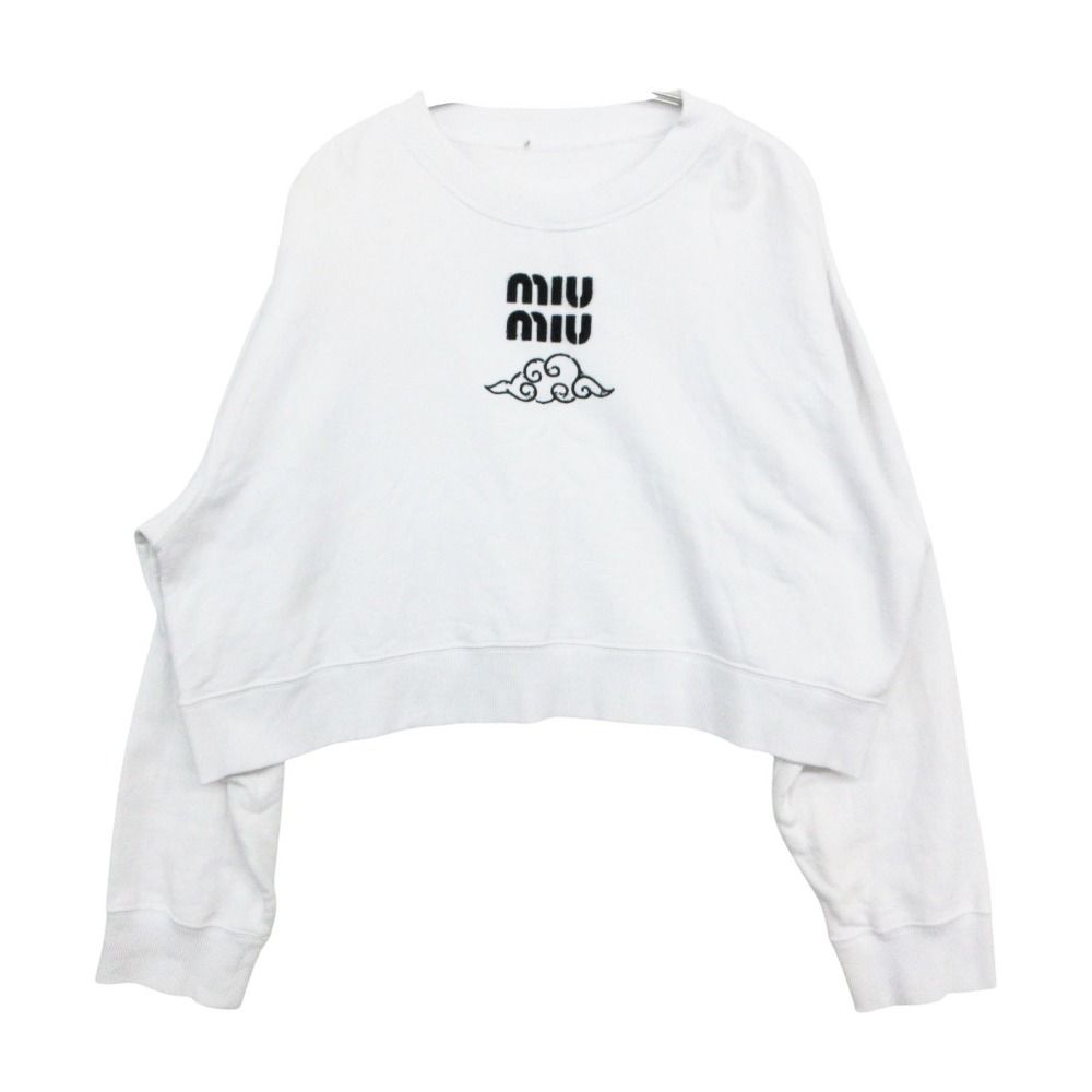 MIUMIU ミュウミュウ スウェット シャツ トレーナー クロップド ショート丈 裏起毛 プルオーバー ロゴ トップス 23年製 ホワイト S 【中古】