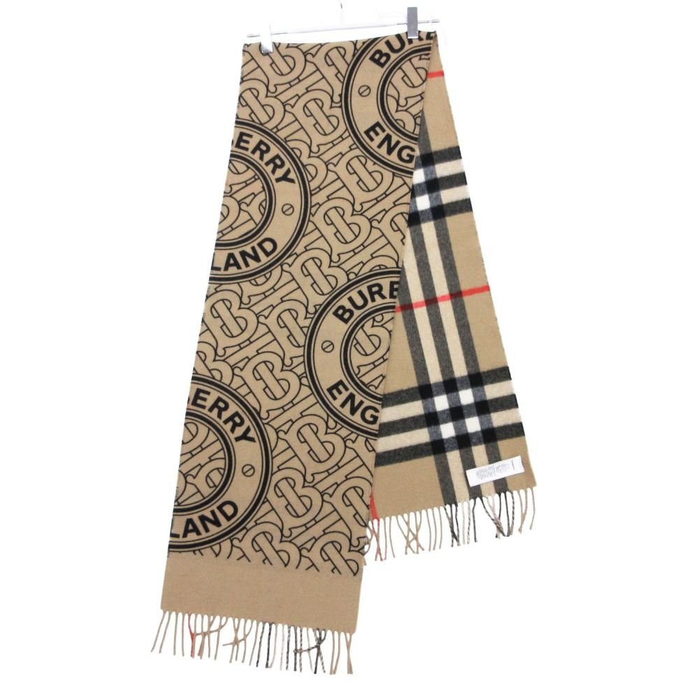 BURBERRY バーバリー マフラー カシミヤ100％ リバーシブル チェック柄 フリンジ ストール GIANT CHECK BLE CIRCLE PRINT 8061991 ベージュ メンズ レディース 【中古】