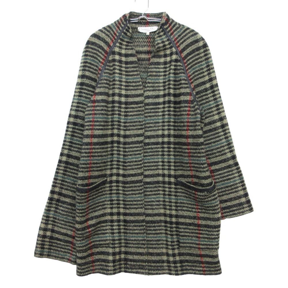 Christian Dior クリスチャンディオール ロング カーディガン コート コーディガン スーパーキッドモヘア チェック柄 オールド OLD グリーン 36【S】 レディース 【中古】