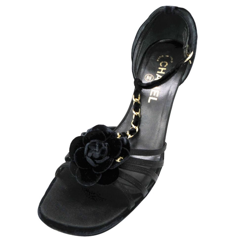 CHANEL シャネル サンダル ベロア ベルベット カメリア ゴールドチェーン Tストラップ CC ココマーク 01A 靴 ネイビー 23.5cm レディース 【中古】