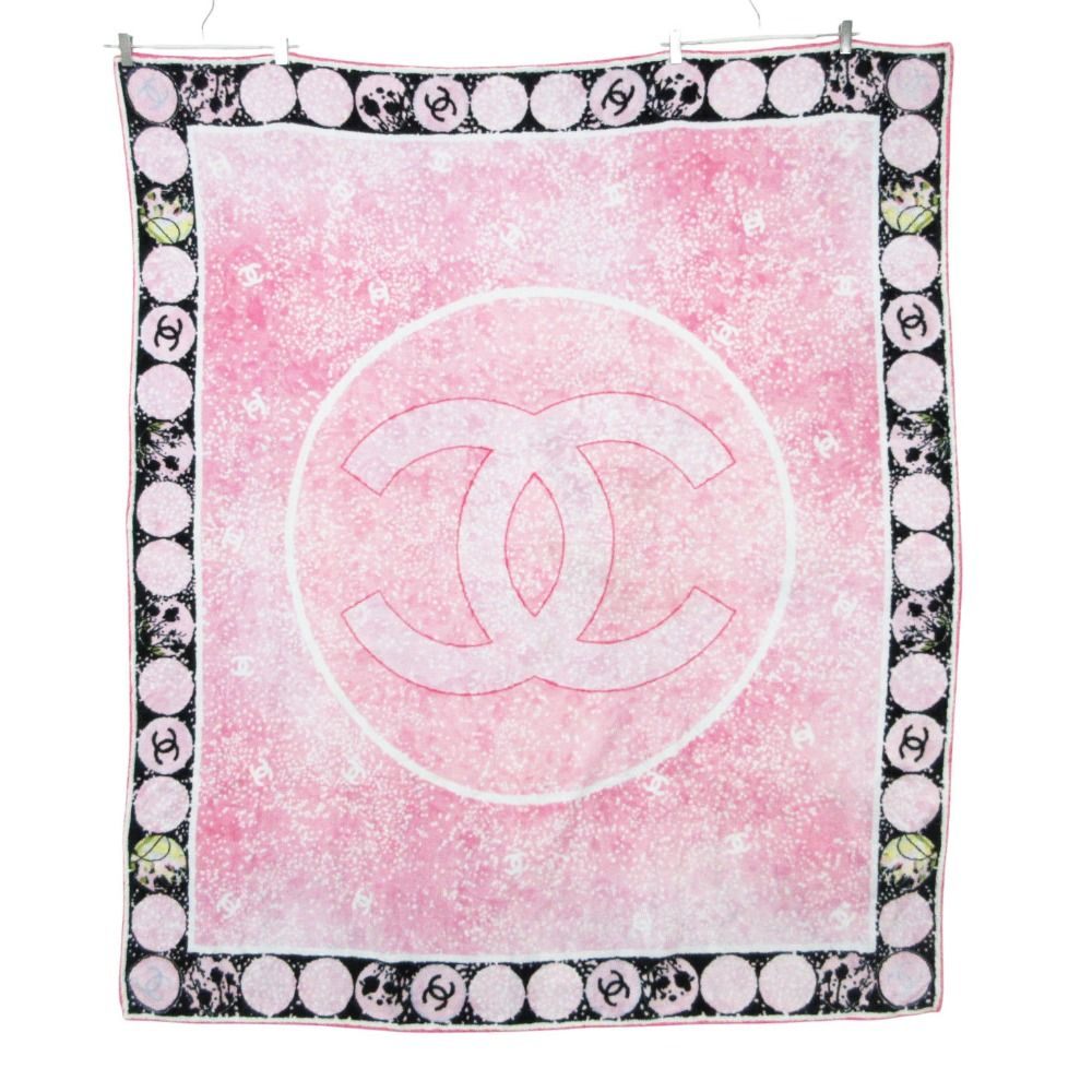 美品 CHANEL シャネル ビーチ タオル 大判 ブランケット デカココマーク CC ビッグ ロゴ コットン パイル地 ピンク レディース 【中古】