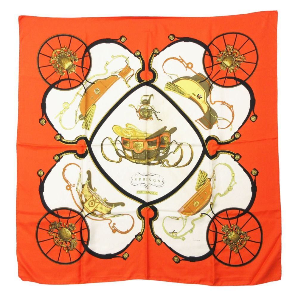 HERMES エルメス ヴィンテージ スカーフ カレ90 SPRINGS スプリングス 馬車柄 LEDOUX オールド OLD オレンジ レディース 【中古】
