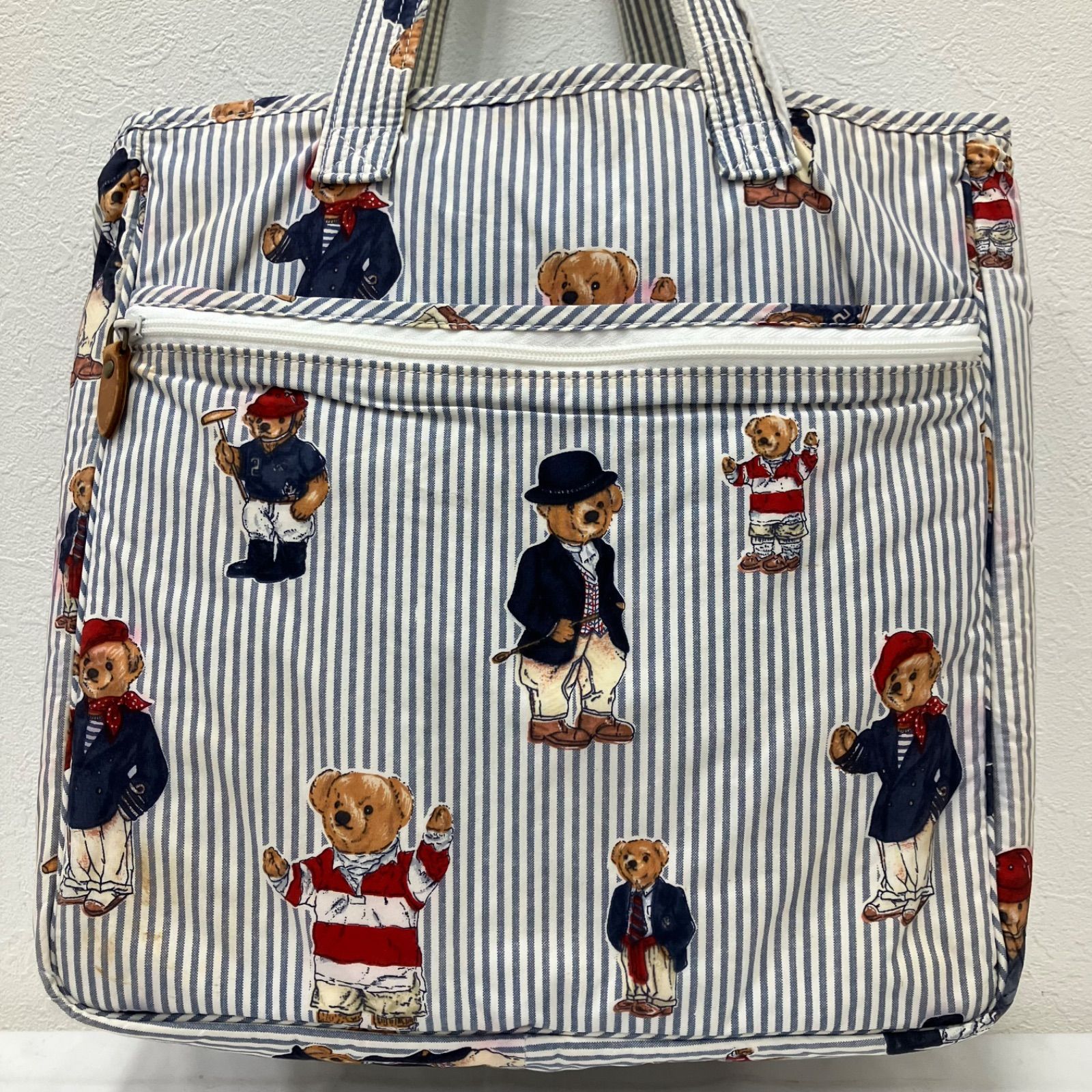 Y4712　RALPH LAUREN　ラルフローレン　トートバッグ　ポロベア　ヒッコリーストライプ　ストライプ　レディース　メンズ　ユニセックス　ポケット多数