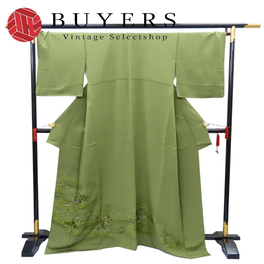 【中古】 訪問着・付下 正絹 着丈約163.5cm 裄丈約70.5cm カーキグリーン 紋入り 和装 呉服 和服 きもの レディース 女性