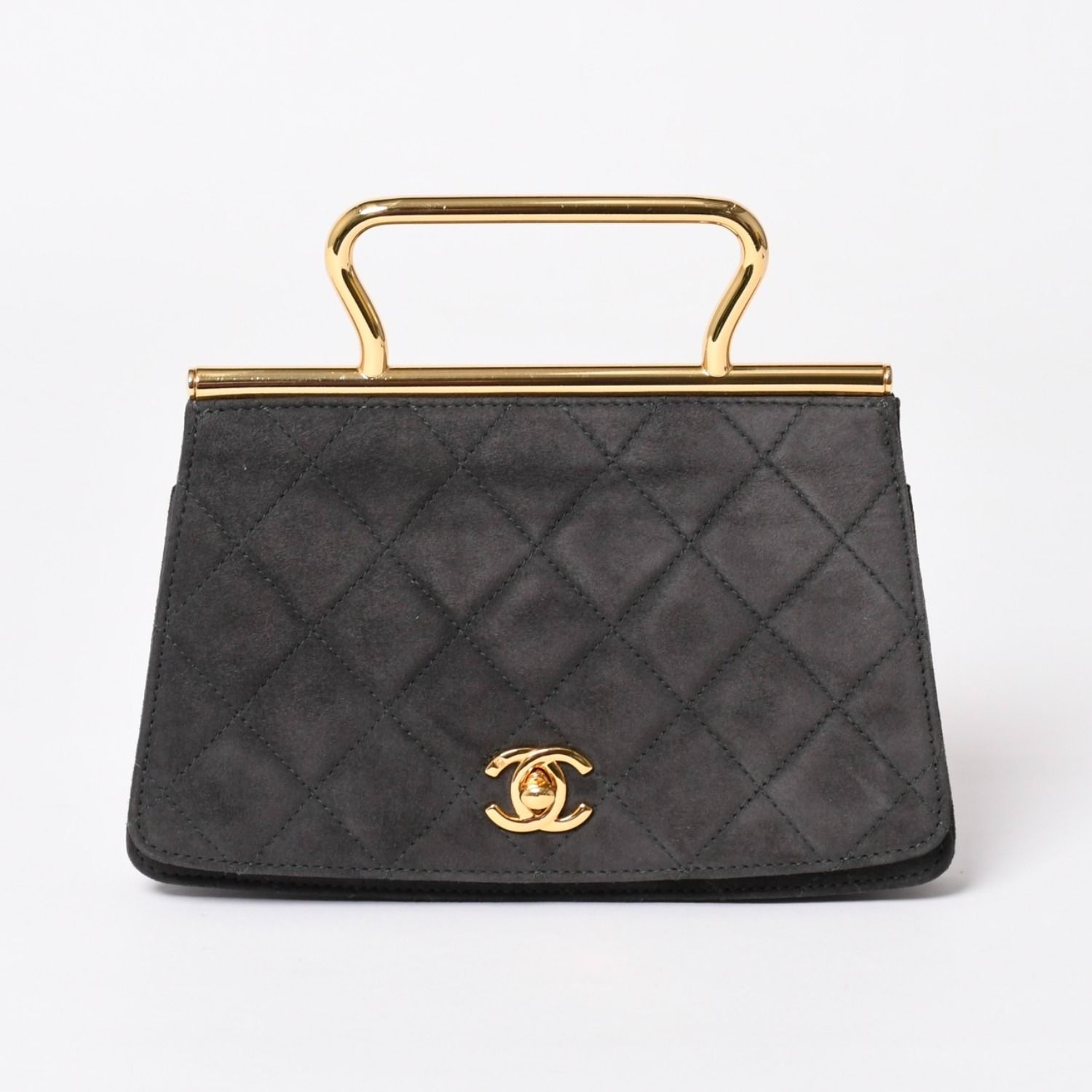 極美品 CHANEL シャネル トップハンドル ハンドバッグ 3番台 ココマーク スウェード ターンロック ダークグレー ゴールド金具 中古 4a003643