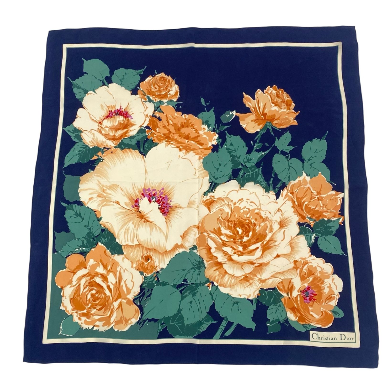 極美品 Christian Dior クリスチャン ディオール スカーフ シルク 花柄 ロゴ マルチカラー