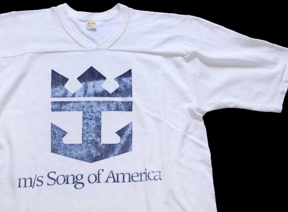 80s USA製 Velva Sheen m/s Song of America Royal Caribbean ロゴ Vネック コットン×ナイロン アスレチックTシャツ 白 L★ビンテージ