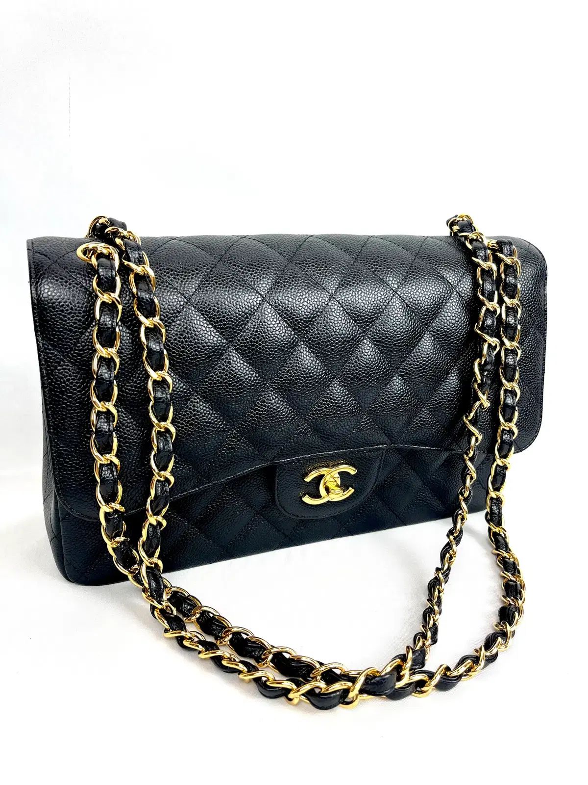 シャネル (ゴールド) ブラック キャビア Classic Large ショルダー (#23)