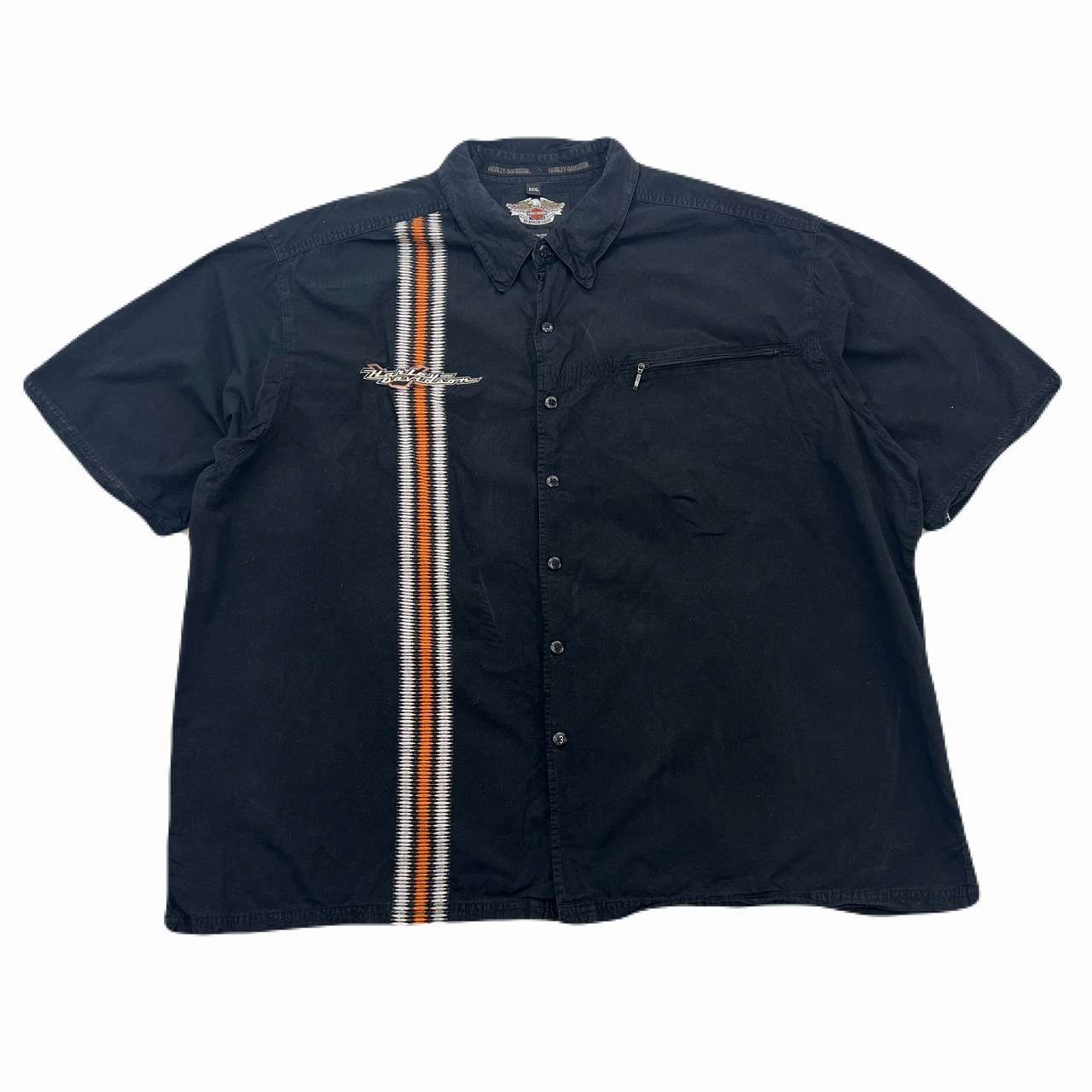 ハーレーダビッドソン 半袖シャツ ワークシャツ メンズ XXXL ブラック コットン100％ ジップポケット 刺繍ロゴ アメカジ ビッグサイズ オーバーサイズ