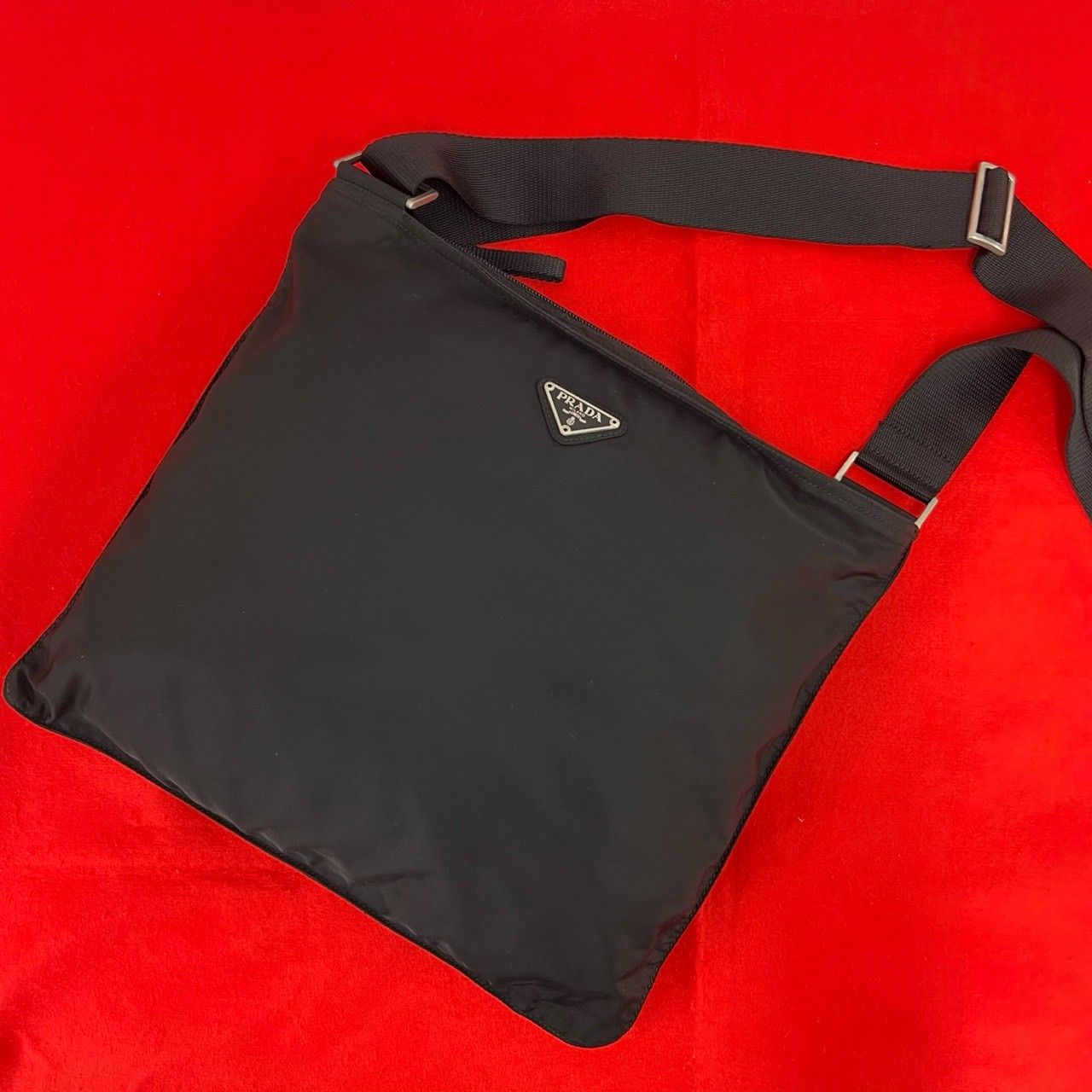 極 美品 PRADA プラダ 三角ロゴ トライアングル プレート 金具 テスート ナイロン ショルダーバッグ クロスボディバッグ ブラック 07315