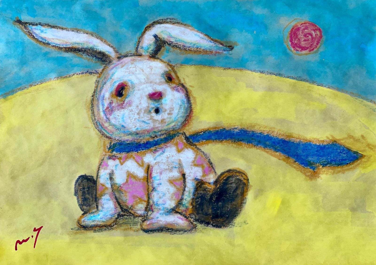 高野マナブ 原画｜[青マフラーのウサギ] Drawing A4 アクリル 一点物 Manabu Takano 髙野學 Moon Sun Rabbit 月と太陽とウサギ Louvre Uffizi Japan 台湾 現代美術家