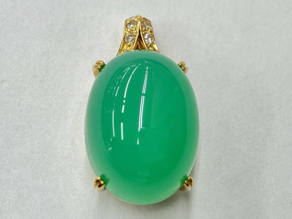 【K18】トップ 天然 クリソプレーズ 12.298ct ダイヤ 0.05ct ソーティング付 ネックレストップ グリーン ゴールド アクセサリー 中古