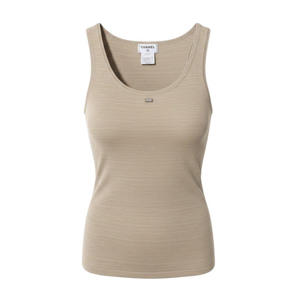 Cf11 CHANEL シャネル 99P ロゴプレート ノースリーブ ニットカットソー タンクトップ P12609 サイズ40 ベージュ レディース 女性用ta1