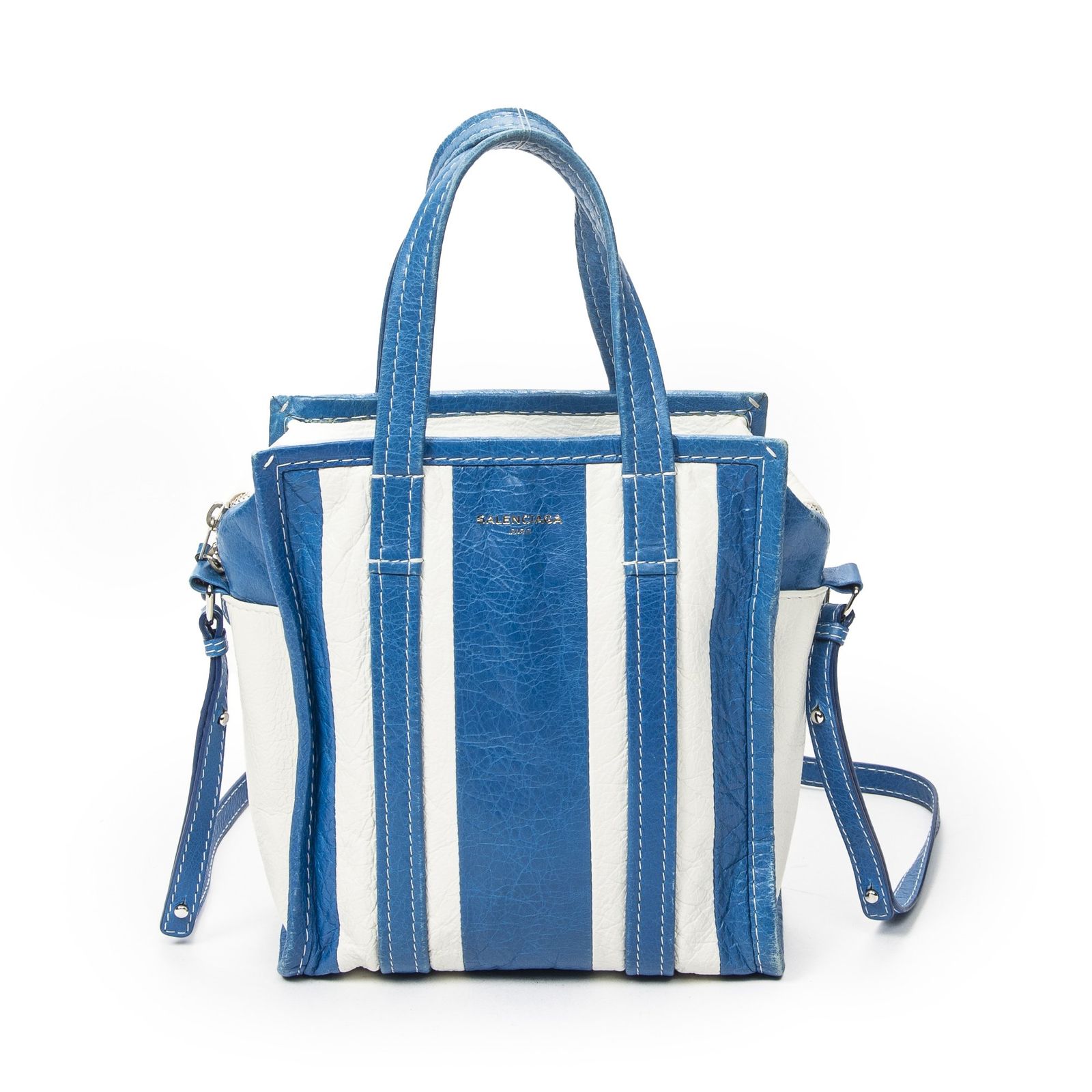 [中古] BALENCIAGA バレンシアガXS Bazar Shopper青、白デイストレスカーフスキンレザーAB