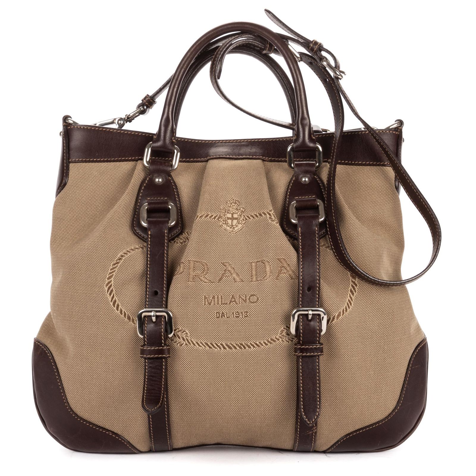 [中古] PRADA プラダJacquard Two Straps Toteブラウン/カーキジャカードグキャンバスA