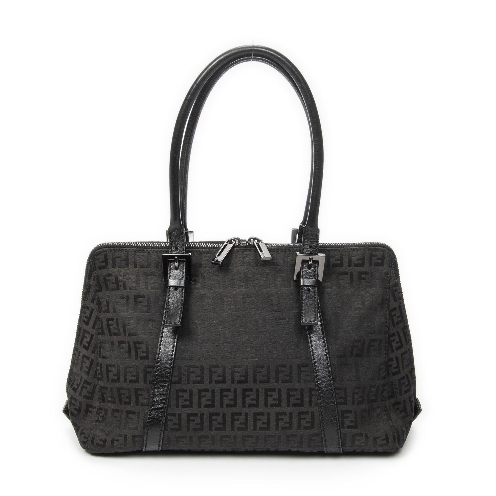 [中古] FENDI フェンディSmall Double Zip Bowler黒ズッキーノキャンバスAB