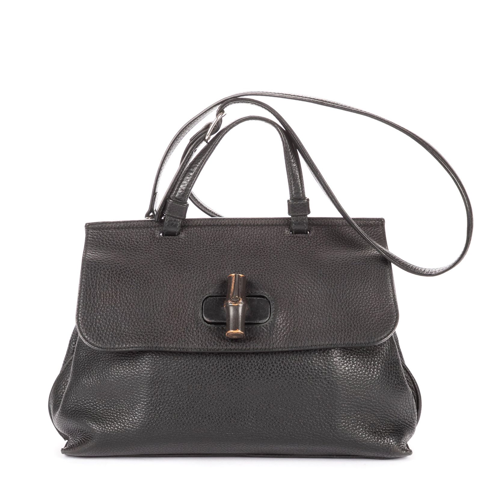 [中古] GUCCI グッチミディアムフローラルバンブートップハンドル黒グレインカーフスキンレザーA